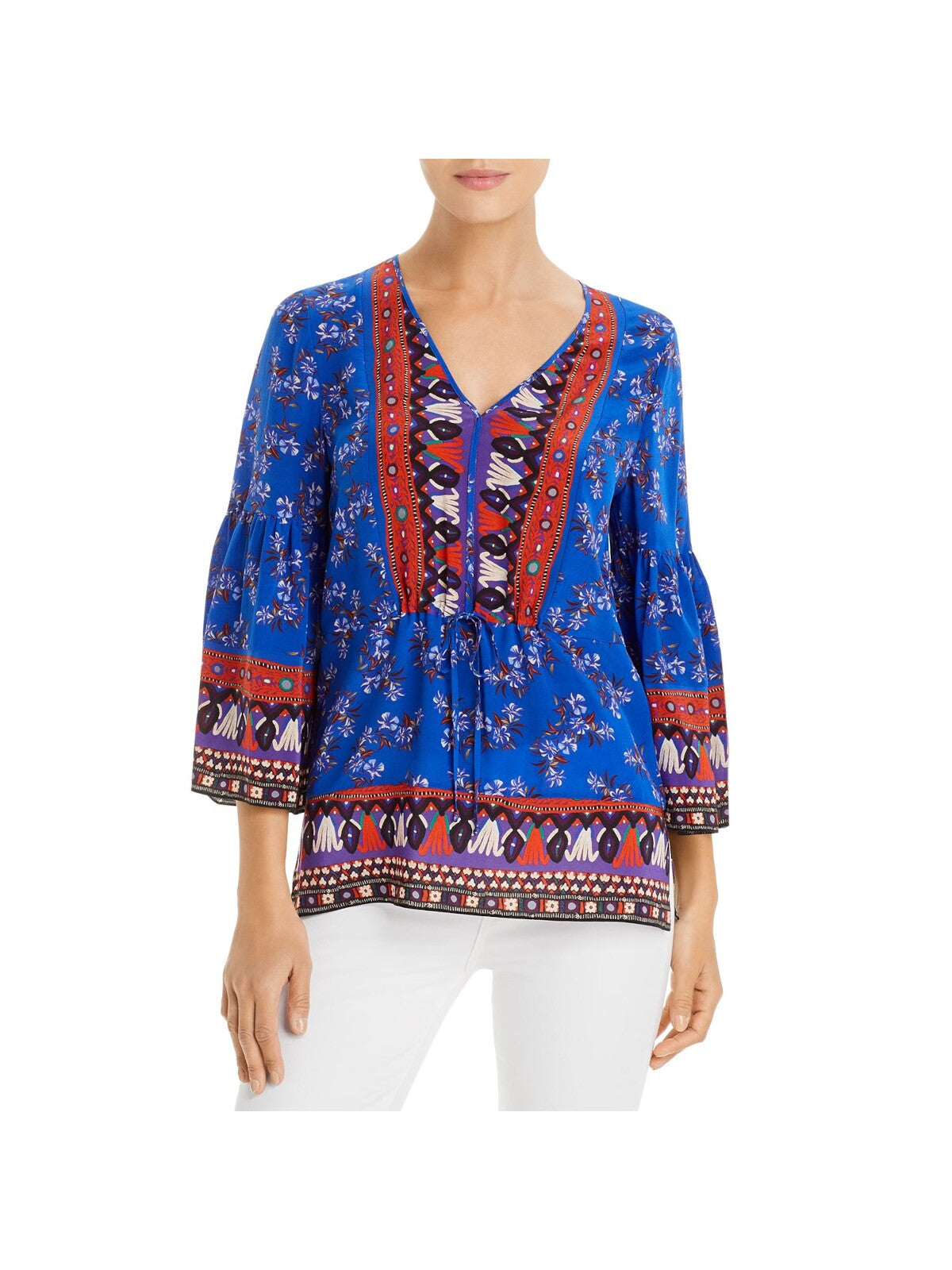 KOBI HALPERIN Womens Blue 3/4 Sleeve V Neck Tunic Top S