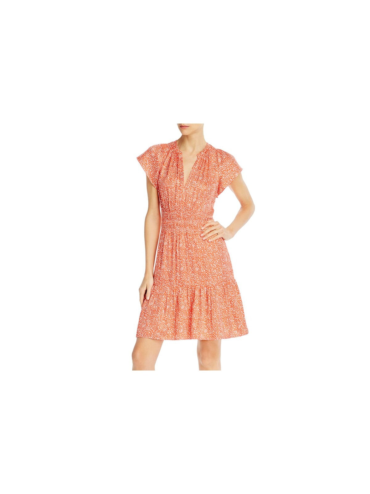 REBECCA TAYLOR Womens Red Smocked Pleated Lined Printed Short Sleeve Split Above The Knee Fit + Flare Dress 0