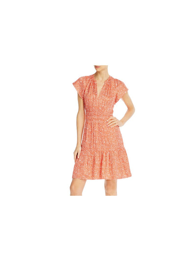 REBECCA TAYLOR Womens Red Smocked Pleated Lined Printed Short Sleeve Split Above The Knee Fit + Flare Dress 0