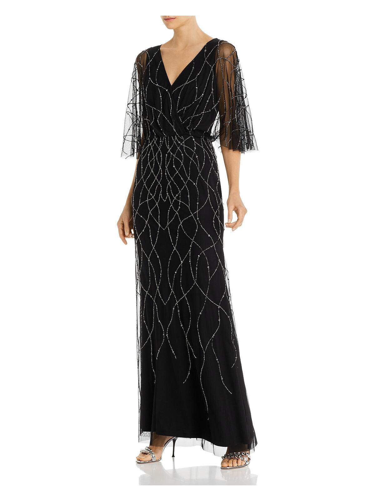 ADRIANNA PAPELL Womens Black Embellished Zippered Sheer Elbow Flutter-sleeve Surplice Neckline Maxi Formal Dress 4