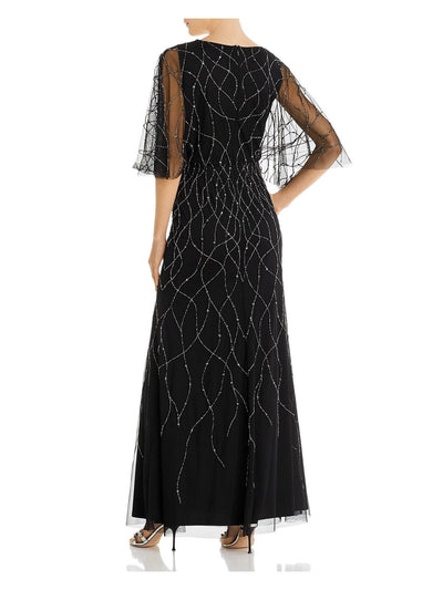 ADRIANNA PAPELL Womens Black Embellished Zippered Sheer Elbow Flutter-sleeve Surplice Neckline Maxi Formal Dress 4