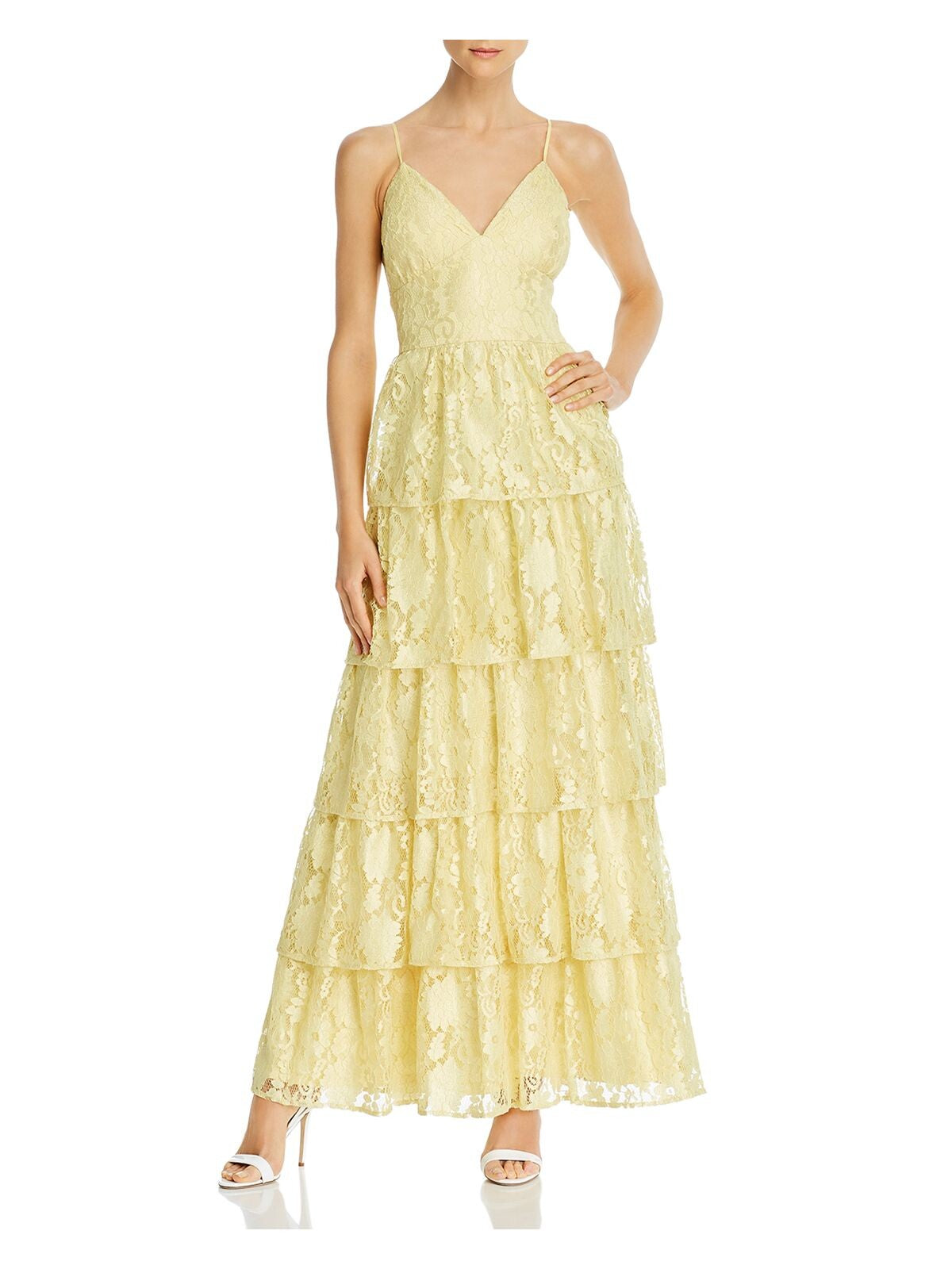 LAUNDRY BY SHELLI SEGAL Womens Yellow Lace Zippered Adjustable Straps Tiered Spaghetti Strap Sweetheart Neckline Full-Length Formal Gown Dress 4