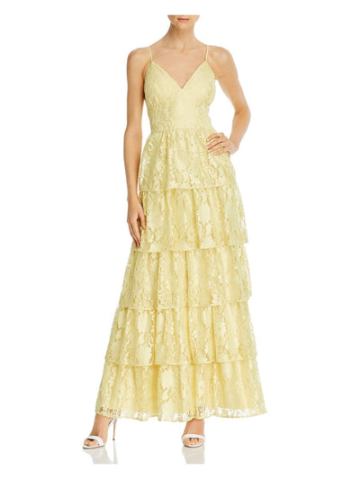 LAUNDRY Womens Yellow Lace Zippered Adjustable Straps Tiered Spaghetti Strap Sweetheart Neckline Full-Length Formal Gown Dress 10