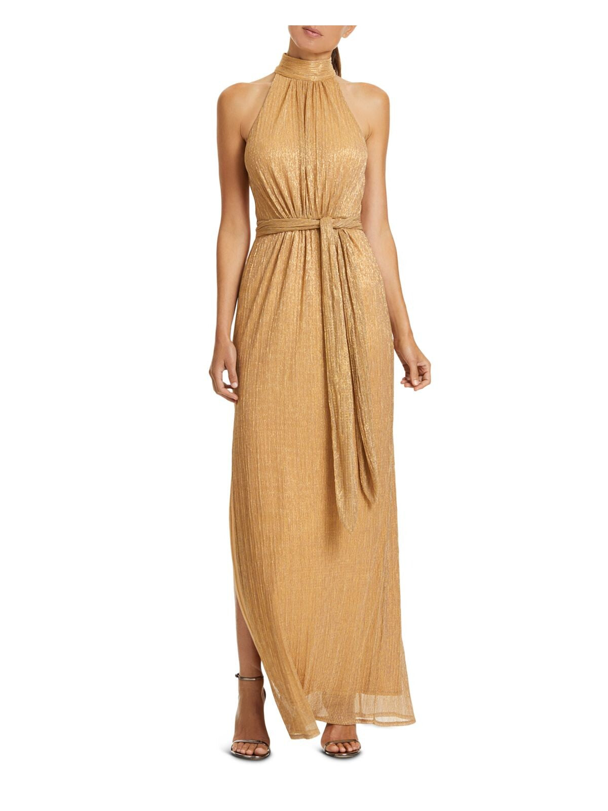 HALSTON Womens Gold Belted Pleated Shimmer Sleeveless Halter Full-Length Evening Sheath Dress 12