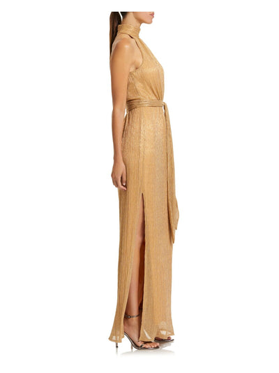 HALSTON Womens Gold Belted Pleated Shimmer Sleeveless Halter Full-Length Evening Sheath Dress 12