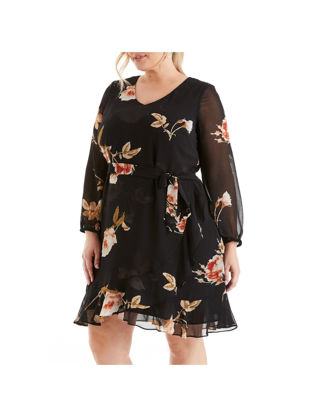 ESTELLE Womens Black Ruffled Sheer Tie Lined Floral Long Sleeve V Neck Above The Knee Evening Fit + Flare Dress Plus 1X