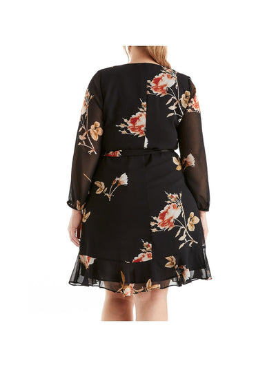 ESTELLE Womens Black Ruffled Sheer Tie Lined Floral Long Sleeve V Neck Above The Knee Evening Fit + Flare Dress Plus 3X