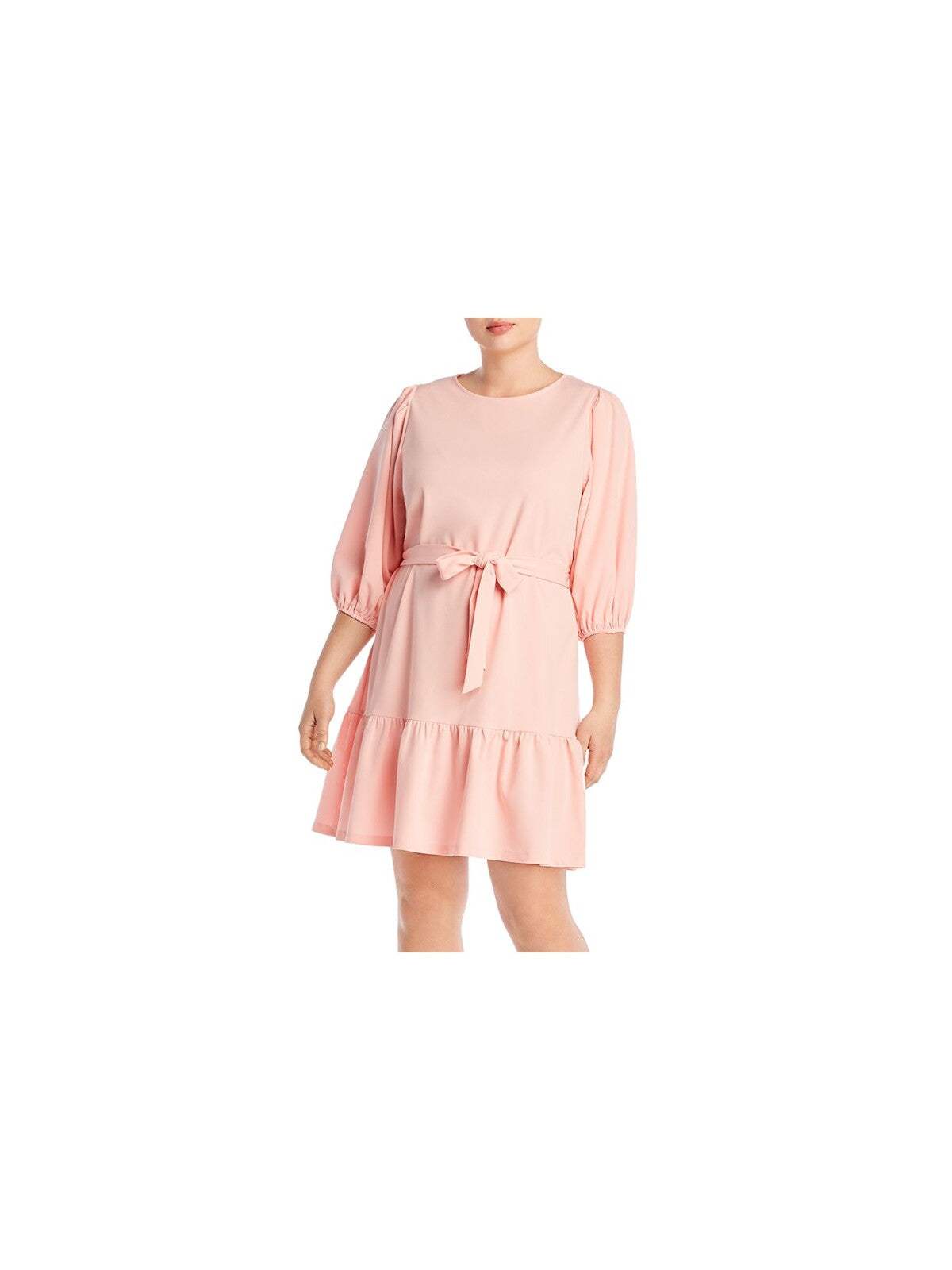 AQUA Womens Pink Belted Zippered Tiered Pouf Sleeve Jewel Neck Above The Knee Cocktail Shift Dress Plus 2X