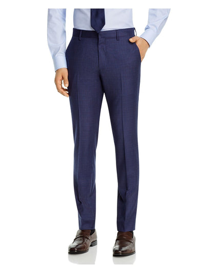 THEORY Mens Navy Flat Front, Check Slim Fit Pants W32/ L34