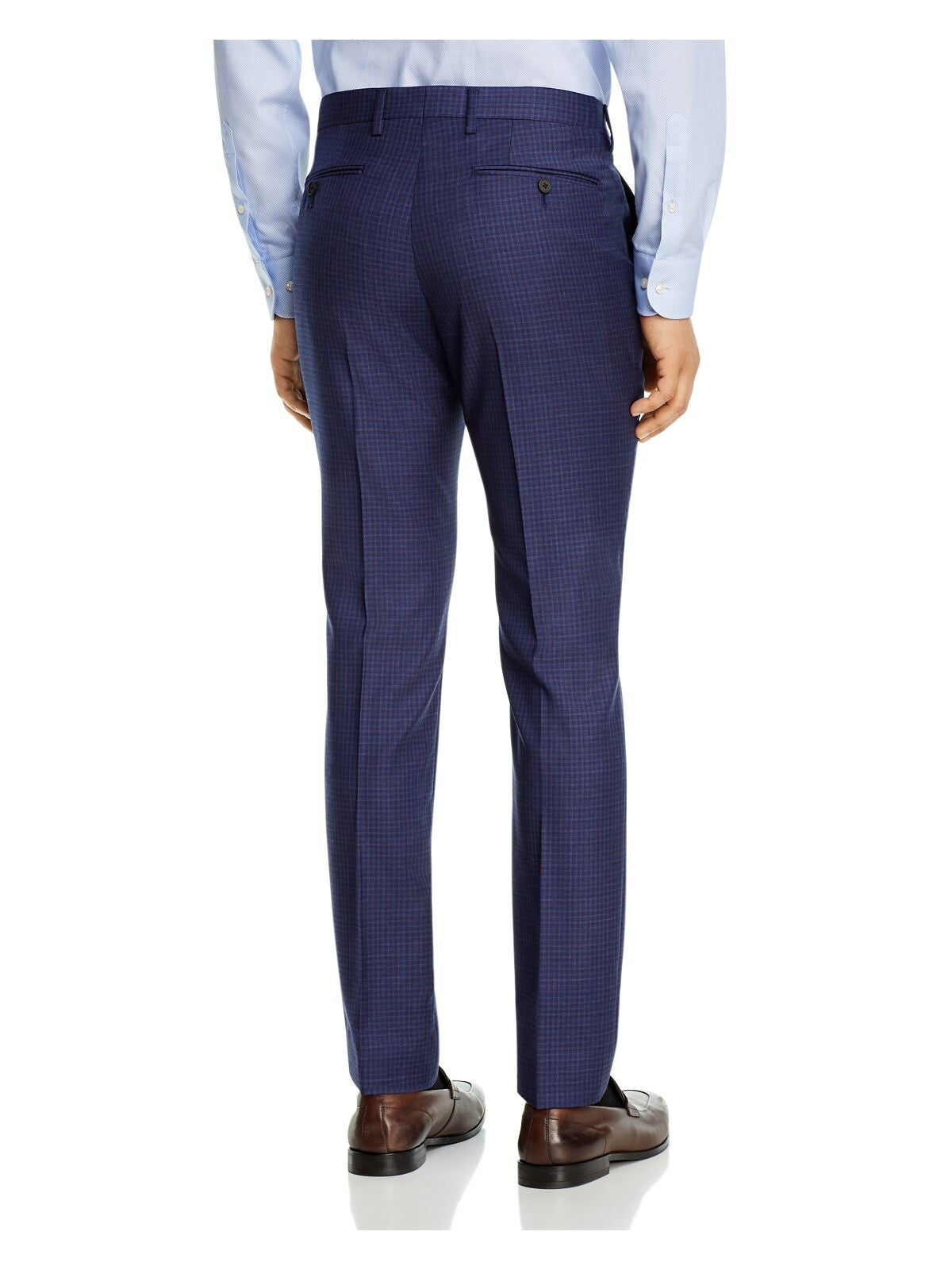 THEORY Mens Navy Flat Front, Check Slim Fit Pants W32/ L34