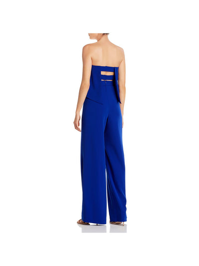 JAY GODFREY Womens Blue Stretch Zippered Cut Out Popover Strapless Evening Wide Leg Jumpsuit 4