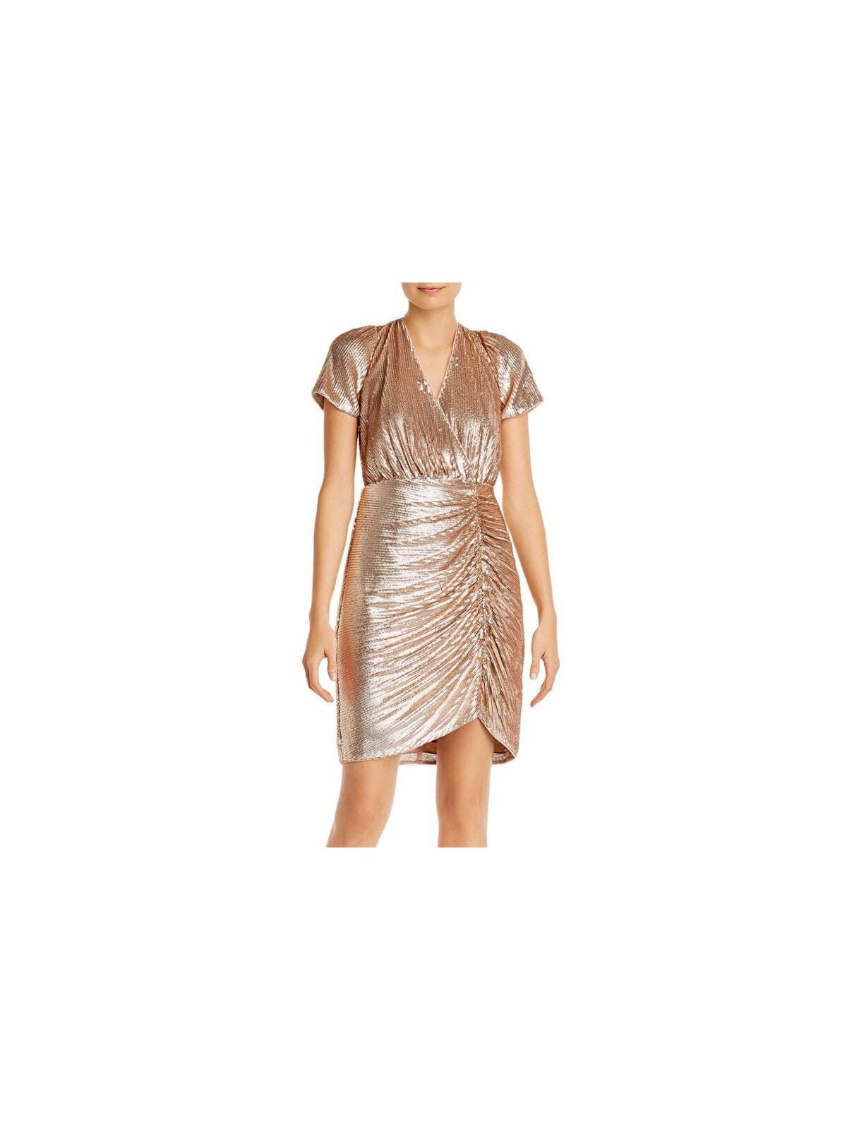 AIDAN AIDAN MATTOX Womens Gold Sequined Ruched Zippered Short Sleeve Surplice Neckline Short Cocktail Sheath Dress 0