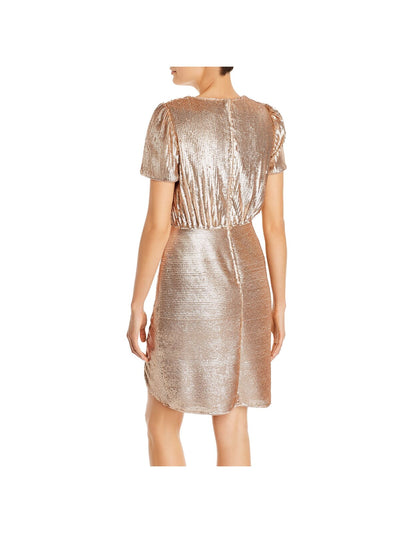 AIDAN AIDAN MATTOX Womens Beige Sequined Ruched Zippered Short Sleeve Surplice Neckline Short Cocktail Sheath Dress 6