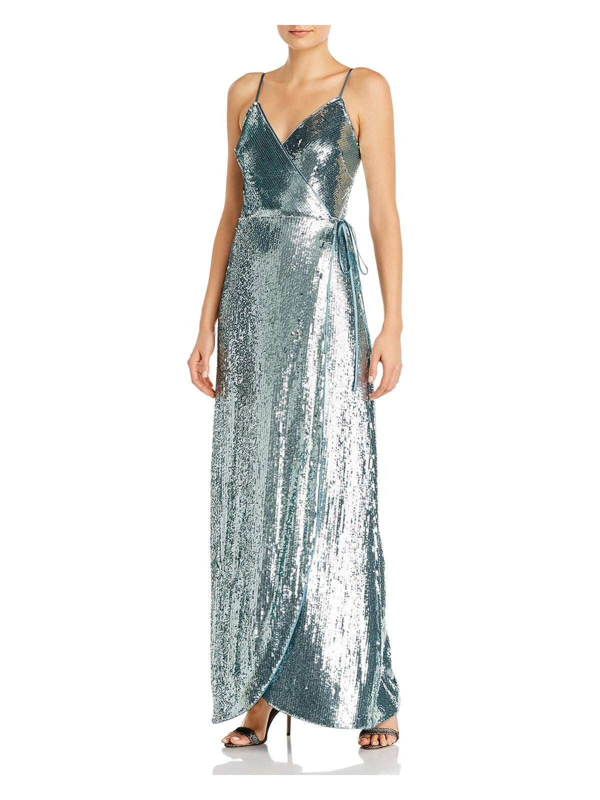 AIDAN AIDAN MATTOX Womens Teal Sequined Tie Snap Closure Spaghetti Strap Surplice Neckline Full-Length Evening Gown Dress 12