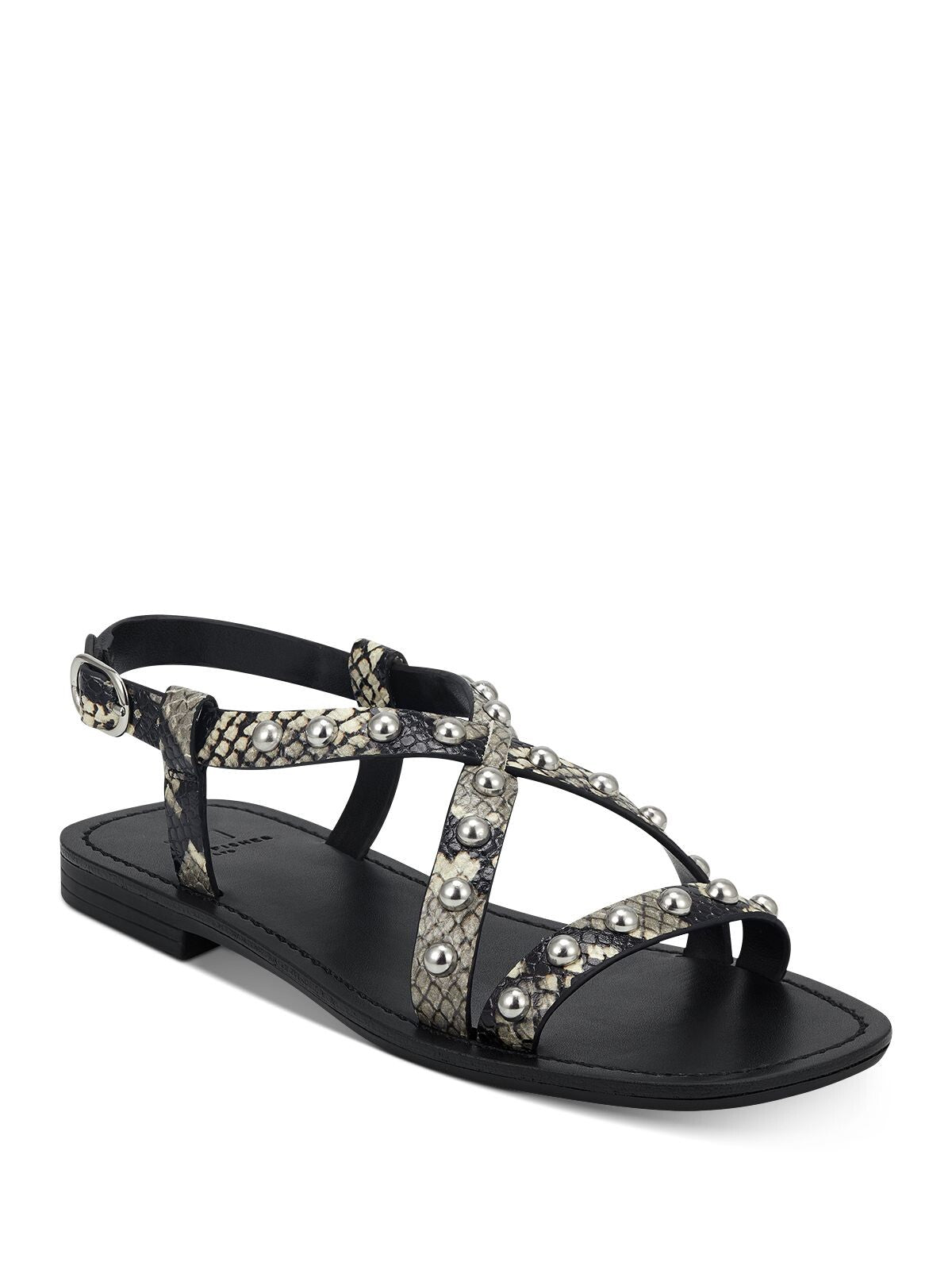 MARC FISHER Womens Black Snakeskin Studded Ankle Strap Fianna Square Toe Block Heel Buckle Leather Slingback Sandal M