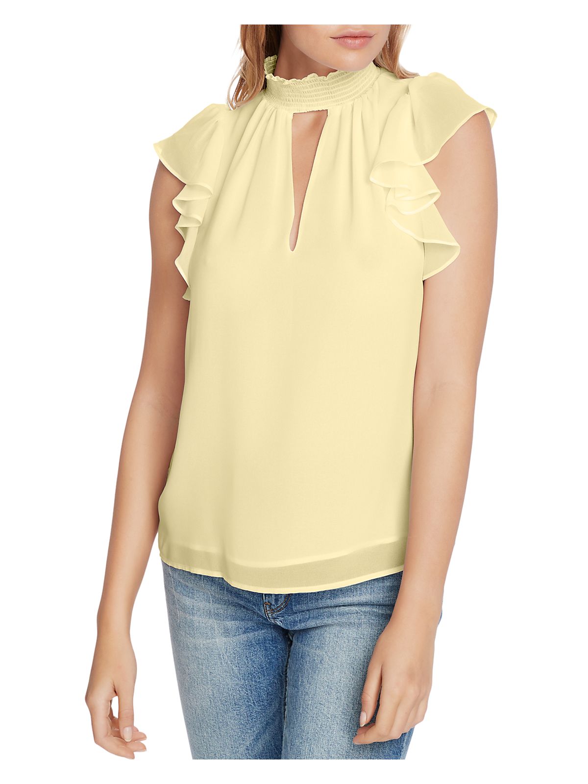 1. STATE Womens Yellow Smocked Cut Out Sheer Keyhole Closure Lined Cap Sleeve Mock Neck Top L