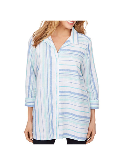 FOXCROFT Womens Blue Striped Cuffed Sleeve Collared Tunic Top 8