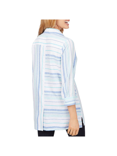 FOXCROFT Womens Blue Striped Cuffed Sleeve Collared Tunic Top 4