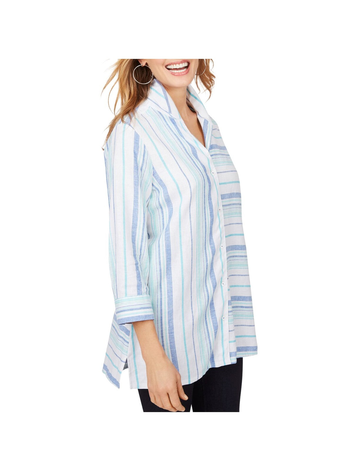 FOXCROFT Womens White Striped Cuffed Sleeve Collared Tunic Top 6