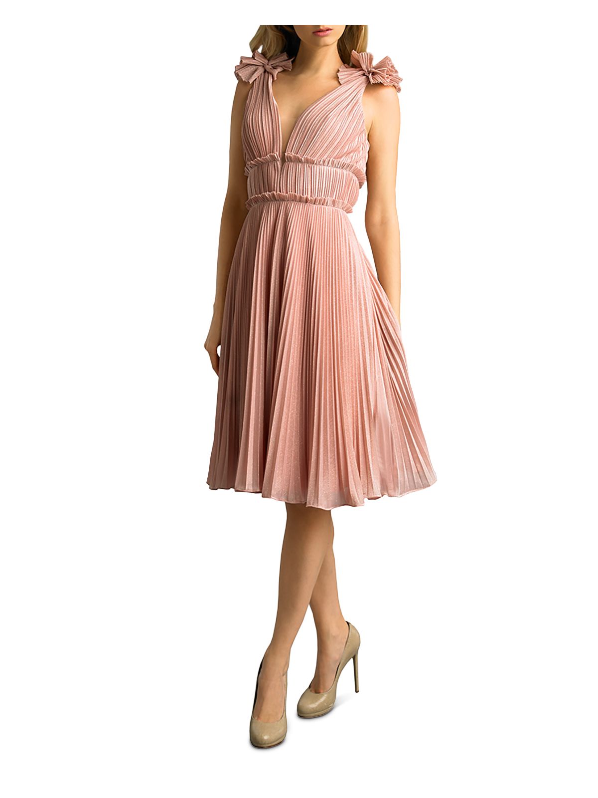 Basix Womens Pink Pleated Bows Added On Straps Spaghetti Strap V Neck Below The Knee Evening Fit + Flare Dress 4