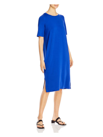 EILEEN FISHER Womens Blue Short Sleeve Crew Neck Below The Knee Shift Dress M