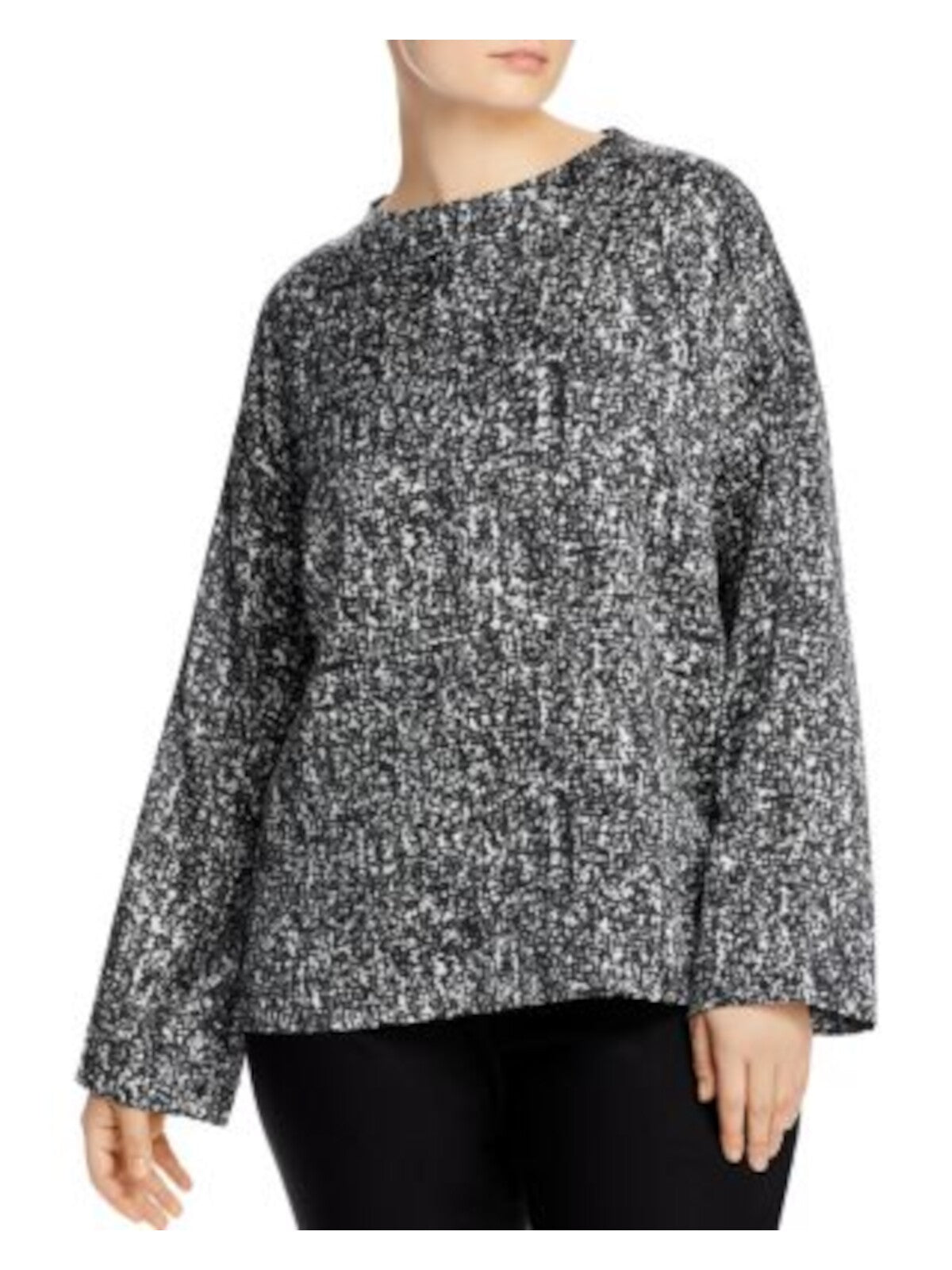 EILEEN FISHER Womens Black Printed Long Sleeve V Neck Wear To Work Blouse L