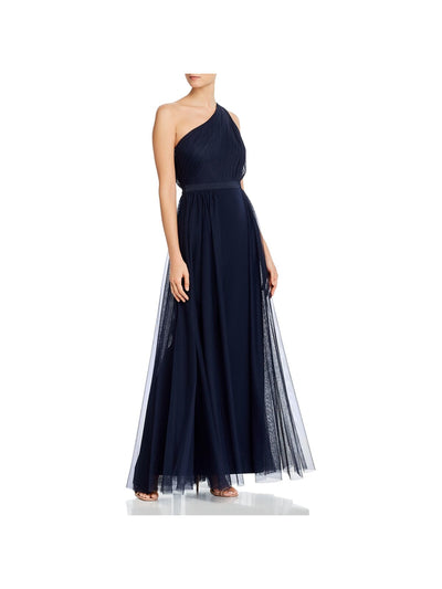 AIDAN MATTOX Womens Navy Zippered Pleated Banded Waist Sleeveless Asymmetrical Neckline Full-Length Formal Gown Dress 12