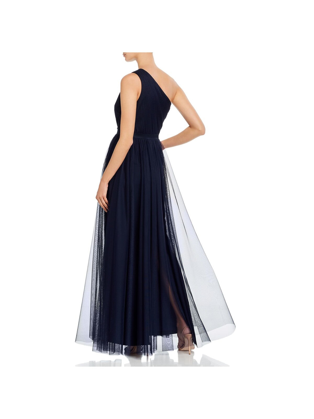 AIDAN MATTOX Womens Navy Zippered Pleated Banded Waist Sleeveless Asymmetrical Neckline Full-Length Formal Gown Dress 4