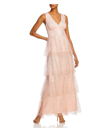LAUNDRY Womens Pink Ruffled Sheer Added Speckle Sleeveless V Neck Full-Length Formal Fit + Flare Dress 0