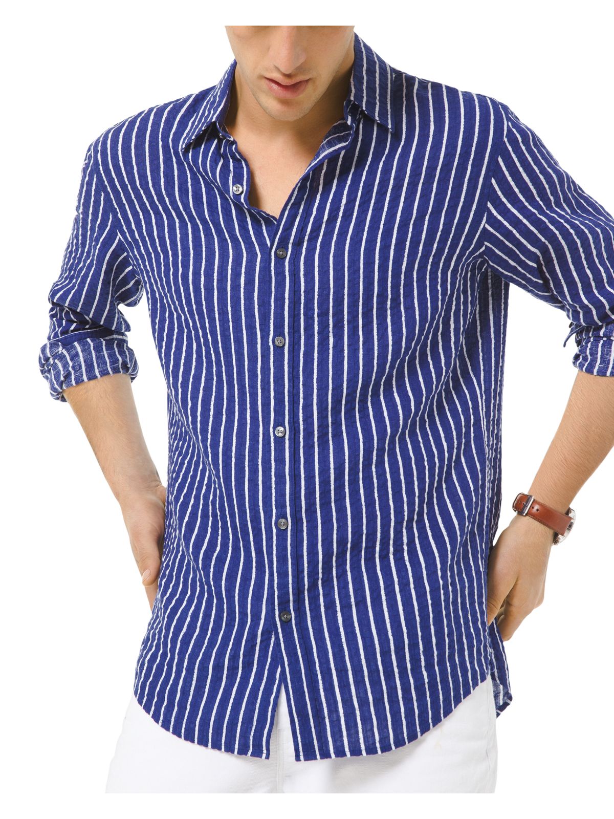 MICHAEL KORS Mens Blue Striped Collared Slim Fit Button Down Shirt XXL