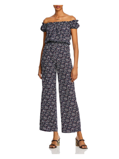 AQUA Womens Navy Ruffled Blouson Floral Pouf Off Shoulder Wide Leg Jumpsuit S