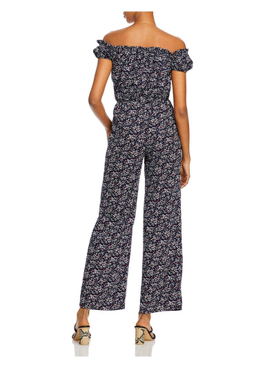 AQUA Womens Navy Ruffled Blouson Floral Pouf Off Shoulder Wide Leg Jumpsuit XS