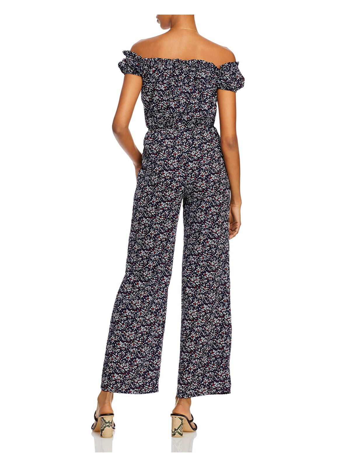 AQUA Womens Navy Ruffled Blouson Floral Pouf Off Shoulder Wide Leg Jumpsuit S