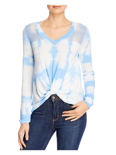 DESIGN HISTORY Womens Blue Twist Front Tie Dye Long Sleeve V Neck Top XS