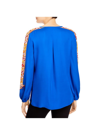 KOBI HALPERIN Womens Blue Pleated Semi-sheer Printed Long Sleeve Wear To Work Button Up Top XS