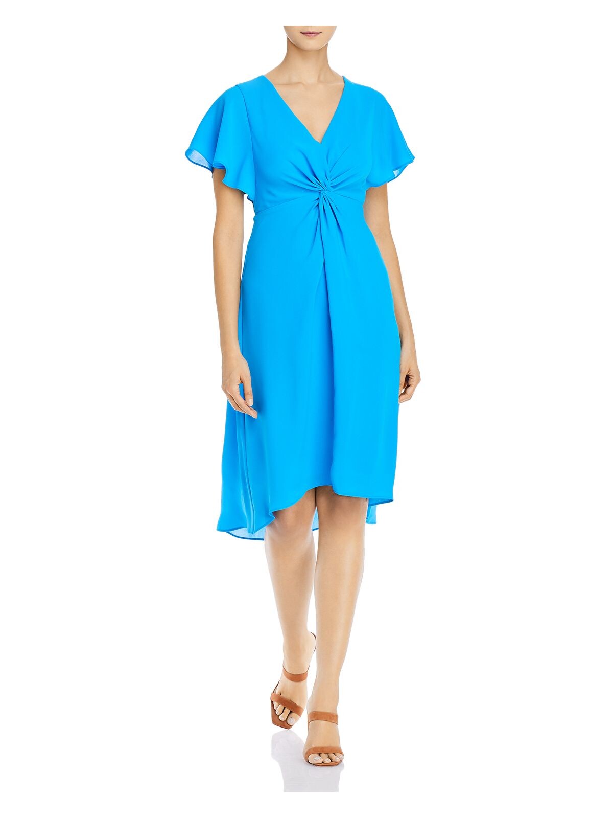 ADRIANNA PAPELL Womens Blue Twist Front Zippered High-low Flutter Sleeve V Neck Below The Knee Cocktail Fit + Flare Dress 12