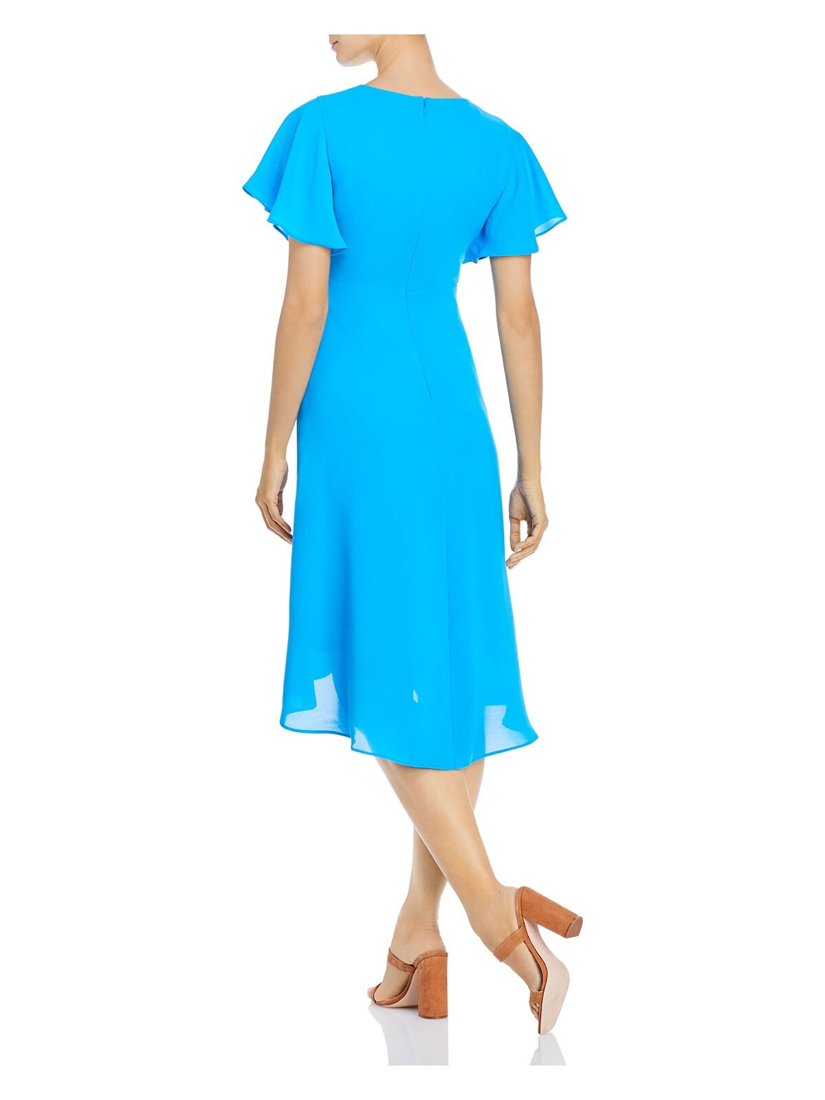 ADRIANNA PAPELL Womens Blue Twist Front Zippered High-low Flutter Sleeve V Neck Below The Knee Cocktail Fit + Flare Dress 12