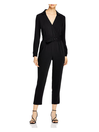 CUPCAKES AND CASHMERE Womens Black Belted Pleated Cuffed Sleeve Surplice Neckline Evening Cropped Jumpsuit S