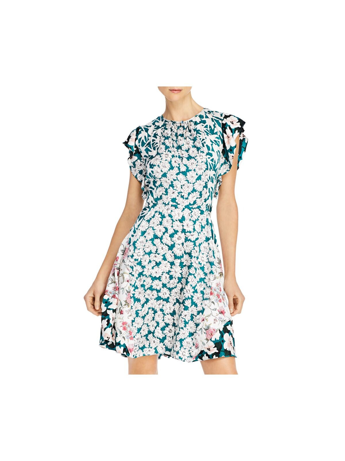 REBECCA TAYLOR Womens Green Zippered Gathered Lined Skirt Keyhole Front Floral Flutter Sleeve Round Neck Above The Knee Fit + Flare Dress 0