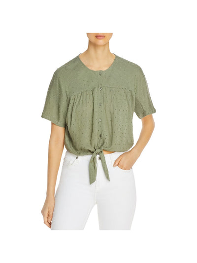 DESIGN HISTORY Womens Green Short Sleeve Jewel Neck Button Up Top S