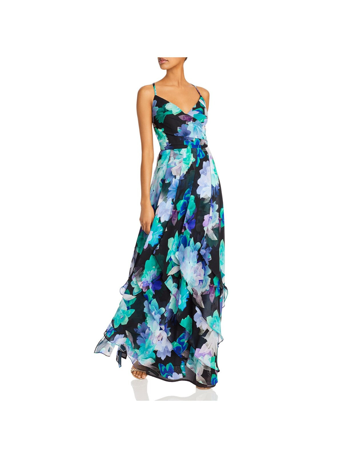 AQUA FORMAL Womens Zippered Chiffon Gown Spaghetti Strap Surplice Neckline Full-Length Formal Fit + Flare Dress