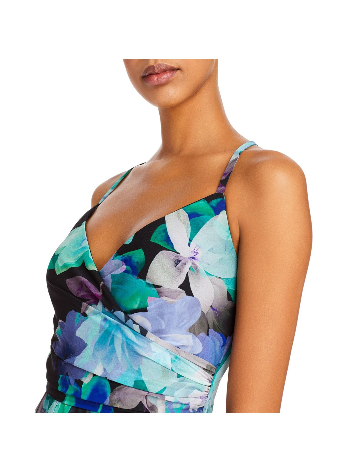 AQUA FORMAL Womens Black Zippered Chiffon Gown Printed Spaghetti Strap Surplice Neckline Full-Length Formal Fit + Flare Dress 0