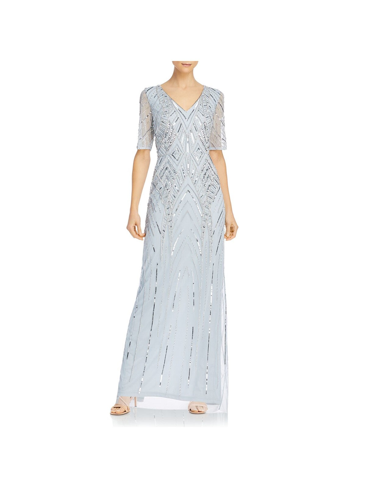 ADRIANNA PAPELL Womens Light Blue Embellished Zippered Lace Elbow Sleeve V Neck Maxi Formal Gown Dress 10