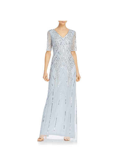 ADRIANNA PAPELL Womens Light Blue Embellished Zippered Lace Elbow Sleeve V Neck Maxi Formal Gown Dress 10