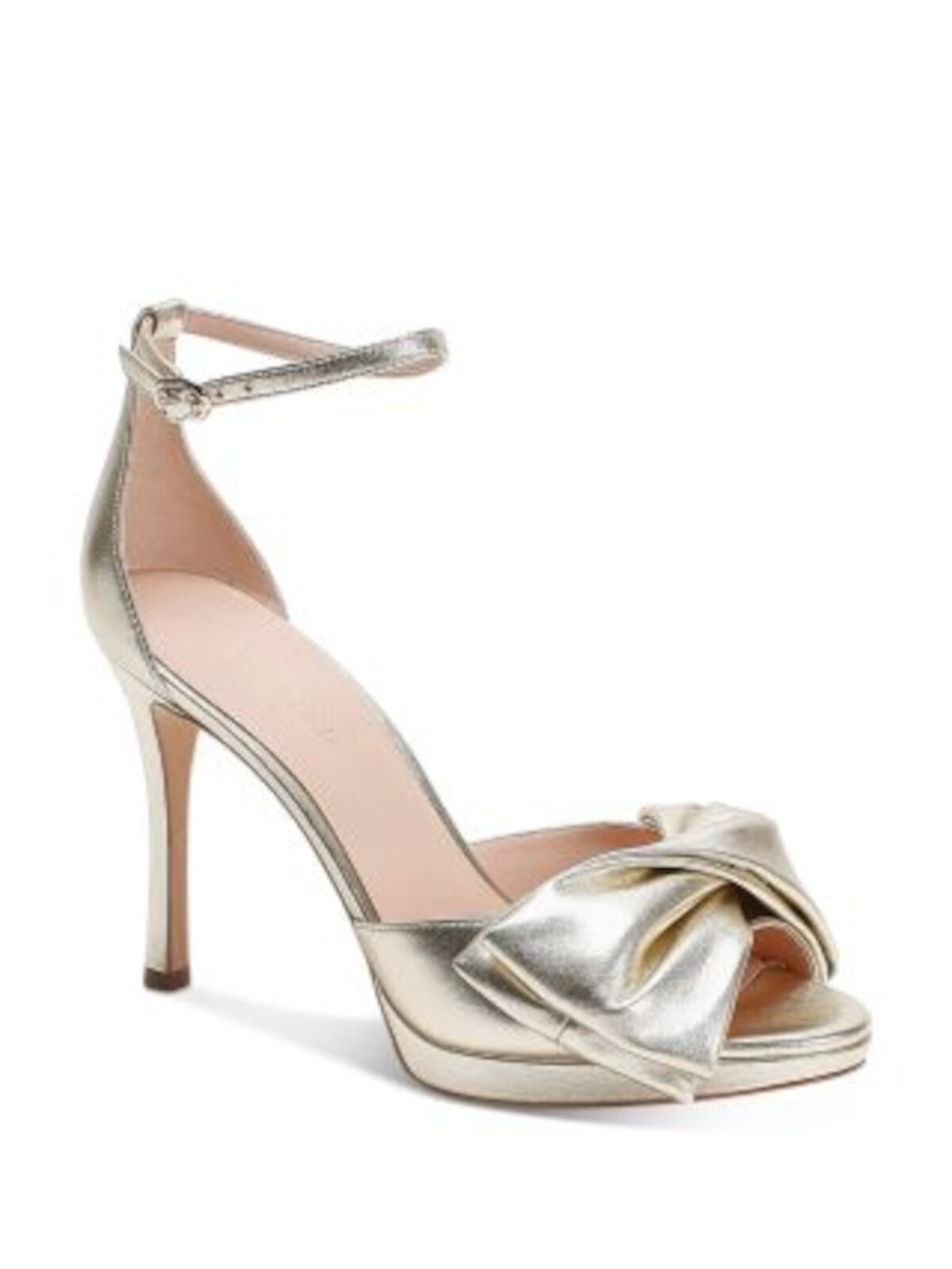 KATE SPADE NEW YORK Womens Gold Padded Ankle Strap Bow Accent Bridal Bow Round Toe Stiletto Buckle Leather Dress Heeled Sandal 5.5 B