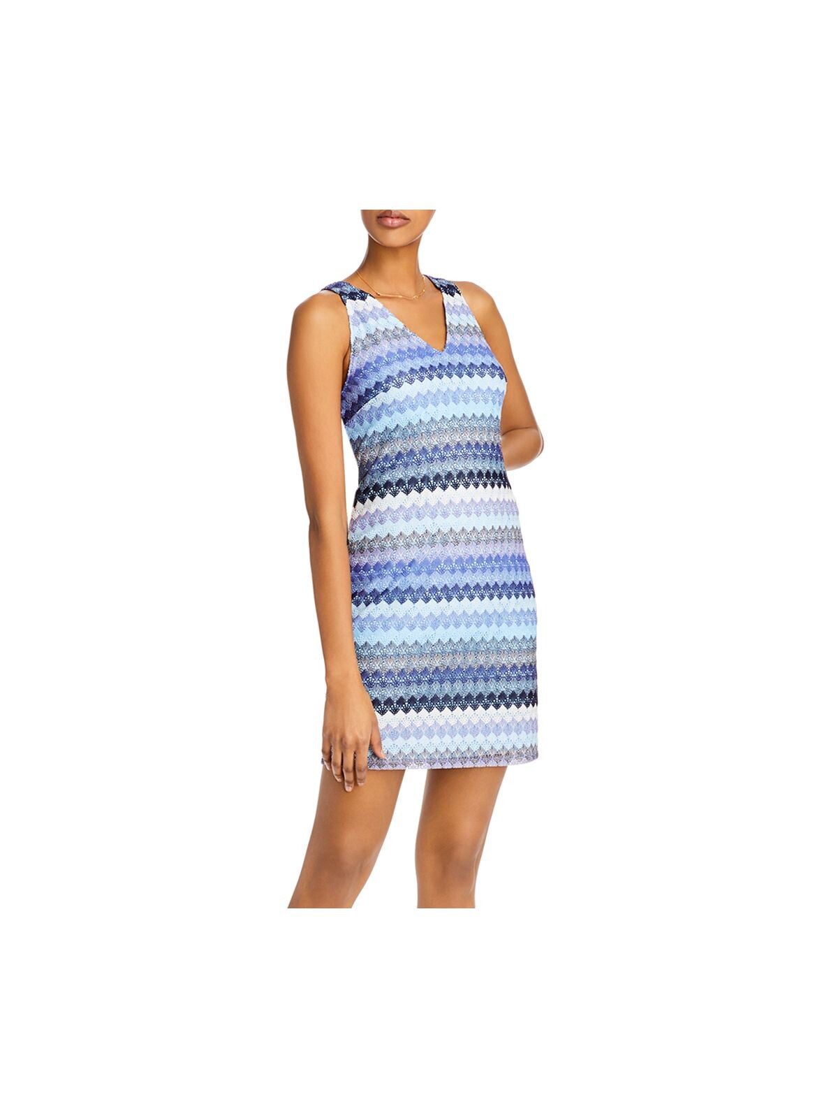 AQUA Womens Blue Striped V Neck Above The Knee Sheath Dress XS