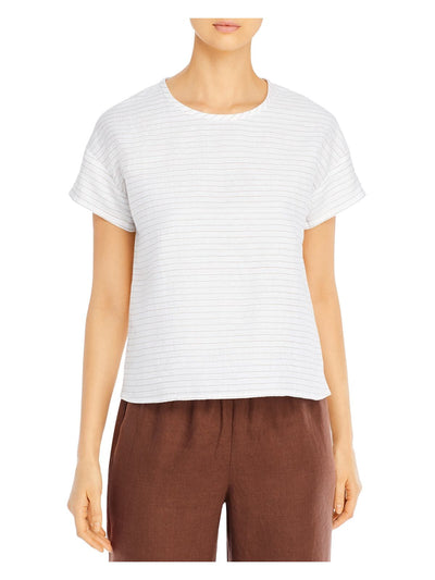 EILEEN FISHER Womens White Pinstripe Short Sleeve Crew Neck Top XXS