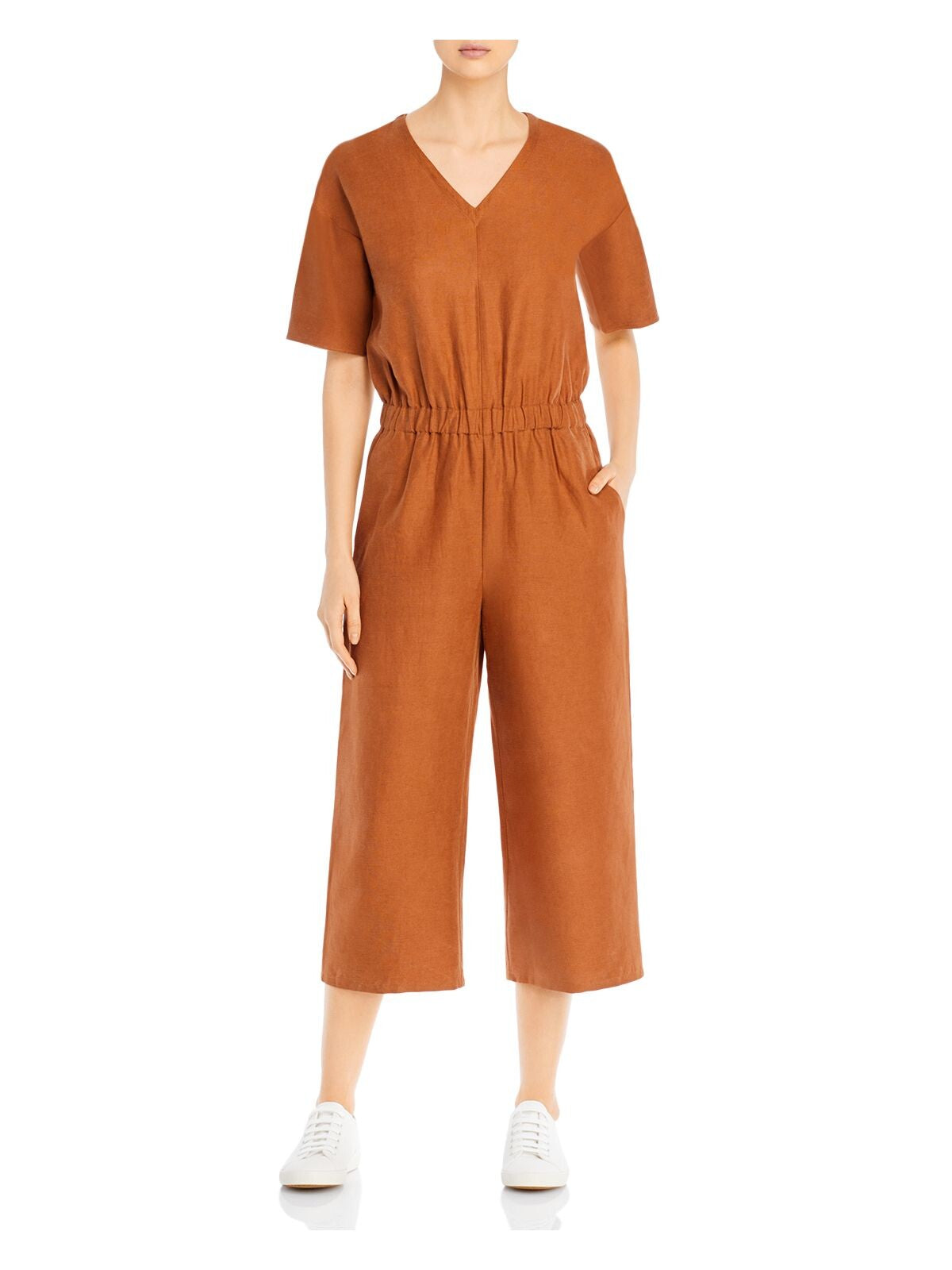 EILEEN FISHER Womens Brown Pocketed Cropped Short Sleeve V Neck Wide Leg Jumpsuit XL