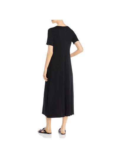 EILEEN FISHER Womens Black Stretch Pocketed Pullover Short Sleeve Round Neck Midi Shift Dress S