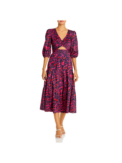 PARKER Womens Pink Zippered Floral Elbow Sleeve V Neck Midi Cocktail A-Line Dress 4